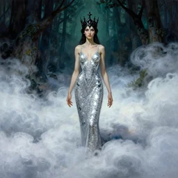 slender sylph queen, above the clouds, black iron crown, diamond shimmering dress, strong line, deep color, forest, beautiful! coherent! by boris vallejo, by frank frazetta