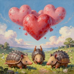 a detailed fantasy painting of romantic hearts in the sky and armadillos, by lauri blank, artgerm, evelyn de morgan, 8K, 50mm lens