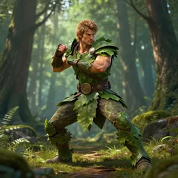 forest man, wearing leaf armor, fighter pose, in a forest, by Greg Rutkowski, trending on artstation, unreal engine, 4k, digital art