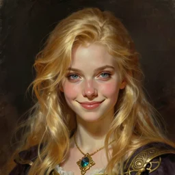 an epic fantasy comic book style head portrait painting of a young blonde girl thief, d & d, fantasy, joyful smirk, intricate, elegant, digital painting, artstation, concept art, matte, sharp focus, illustration, art by artgerm and greg rutkowski and alphonse mucha