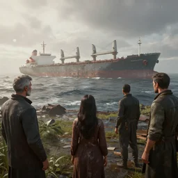 windswept vista overlooking a cargo ship graveyard. jasmin habezai - fekri, anton fadeev, tony zhou shuo, greg rutkowski, unreal engine 5