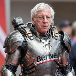 a high resolution 4 k photograph of bernie sanders wearing power armor