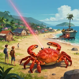 establishing shot of a village near a beach and a gigantic crab crawling towards village, [ laser ] [ turret ] [ attached ] to crab, deviantart artstation, by jason felix by steve argyle by tyler jacobson by peter mohrbacher, cinematic lighting