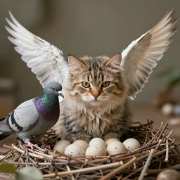 An exotic shorthair cat guarding it's eggs in a nest made of sticks. cat with wings, bird wings, documentary, fluffy cat, pigeon, national geographic, odd, depth of field, photorealistic