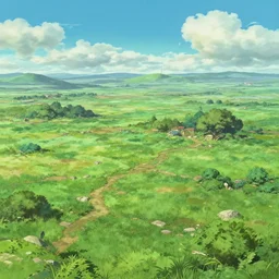 the remains of a deserted lush field planet. clean sharp digital art, environment concept art, by rossdraws, ghibli, breath of the wild, greg rutkowski