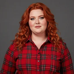 photograph of a plus-size redhead woman wearing a red tartan shirt