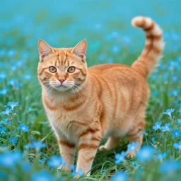 an orange cat in a field of turquoise blue flowers, highly detailed, artstation, concept art, smooth, sharp focus, by julius adam ii and ruan jia