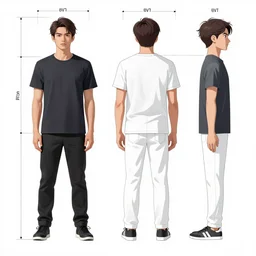 a model sheet contaning a hero in the front back and side views, proportions,