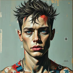 male analogue mixed media collage with canvas texture in style of contemporary art, punk art, hyperrealistic beautiful face, photorealism, expressionism, masterpiece, perfect composition, spectacular quality, intricate oil details