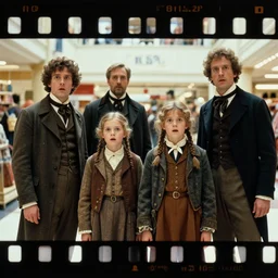 sharp, detailed, 9126k film, 7000mm film, high quality frame scan from a sci fi blockbuster color movie made in 2019, a family of four time travelers from 1860 travel in time to 2019, appearing in a shopping mall, looking surprised, the family are all wearing 1860s era clothes, good lighting, in focus, cinematic still, high quality scan, in focus, 70mm macro lens