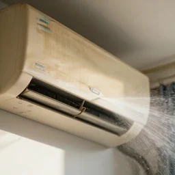 water sprays from a dirty air conditioner,, faded, depth of field, sunny, ultra realistic, very detailed, 8 k hyper realistic detailed cinematic still