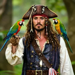hank schrader dressed as a pirate captain, he has a parrot