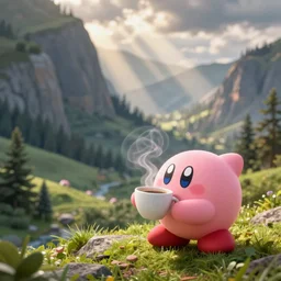 Kirby drinking coffee