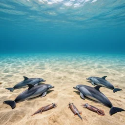 a empty empty waterless ocean, no water no water no water, dolphins, whales, squids, fishes lying on the dry sand bottom, sand, beautiful light, octane render 8 k