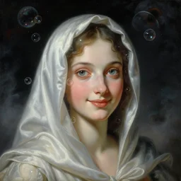a baroque neoclassicist close - up portrait of a big - eyed female figure smiling cloaked in silk with glowing bubbles. iridescent and reflective alien tech. foggy black background with dark puffy cosmic clouds. highly detailed science fiction painting by norman rockwell, frank frazetta, syd mead and moebius. rich colors, high contrast, gloomy atmosphere, dark background. trending on artstation.