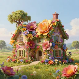 a hiper intricate 3 d artwork of a beatifull house made from big flowers in the serene field, intricate, highly detailed, digital painting, artstation, concept art, extremely detailed, sharp focus, octane render wide view, smooth, digital illustration, colorfull, by edmund dulac, by hieronimus bosch