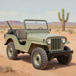 willys MB jeep in the Arizona desert, oil painting