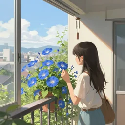 a girl is looking at a flower. a pot of blue morning glories with long vines is blooming on the balcony of an apartment building. a wind chime hangs by the window. outside, the summer sky and a japanese city can be seen. highly detailed, digital painting, artstation, concept art, sharp focus