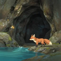 a tiny brown fox exploring a large cave, water, by Aaron Miller, Greg Rutkowski, Makoto Shinkai, Studio Ghibli