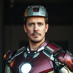 a photo elon musk in an iron man suit, with his helmet off and head showing. he looks menacing and is looking straight at the camera.