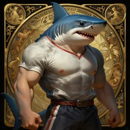 portrait of anthropomorphic shark warrior, muscular,  casual sport clothes, fantasy, horror, intricate, elegant, highly detailed, digital painting, artstation, concept art, matte, sharp focus, illustration, art by Artgerm and Greg Rutkowski and Alphonse Mucha