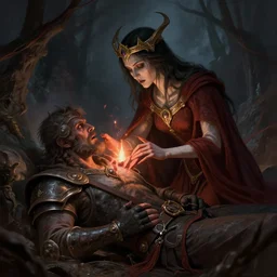 priestess corrupted by the eldritch tries to heal a warrior, fantasy, detailed, digital illustration, by rossdraws, wlop, artgerm