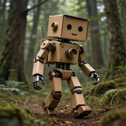 a steampunk robot made of a cardboard box, crayon face, walking through the forest, dof, cinematic lighting, hyperrealistic, extremely detailed, 8k, artstation,