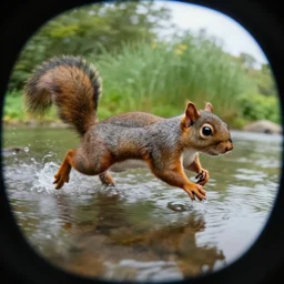 a squirrel running in the water, fast shutter speed, high speed, action photo, 1 / 1 0 0 0 sec shutter, fish - eye lens
