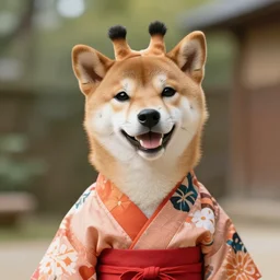 a cute adorable animal hybrid shiba innu giraffe, smiling, wearing a kimono