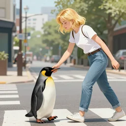 Blonde woman wearing a tee shirt and jeans helping a penguin across the street, whimsical, beautiful face, highly detailed, photoshop, digital illustration, by Makoto Shinkai and Hayao Miyazaki, by Ilya Kuvshinov and Alphonse Mucha and Andrei Riabovitchev