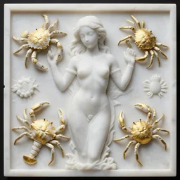 symmetry, white marble, white marble bas relief sculpture, white and gold kintsugi, feminine shapes, crabs, spiders, scorpions, tarantulas, stunning, art by hr geiger and ridley scott, highly detailed, intricately detailed, octane, 8 k, trending on artstation
