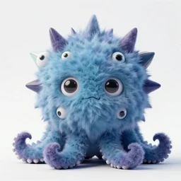 photo of cute plush fluffy chibi monster with spikes, tentacles, and many eyes. made by giger, wayne barlowe, dariusz zawadzki, zdzislaw beksinski