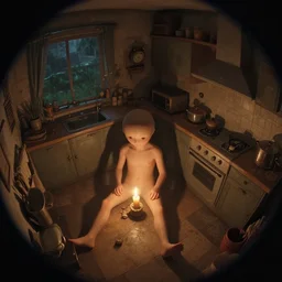 cute solitary kitchen dim lit by a candle ripped physique simon stalenhag gerald brom bastien grivet by greg rutkowski, game background, fisheye lens, high angle view
