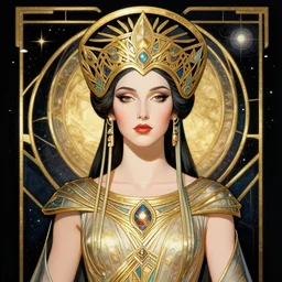 an art deco portrait of the powerful empress of the solar system in the style of anna dittmann and in the style of kim jung gi. glowing, ornate and intricate linework, stunning, dynamic lighting, ultrafine and hyperdetailed.