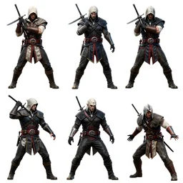detailed spot illustrations from the witcher 3 and assassin's creed 2 crossover, various action poses, by bridgeman, by burne hogarth, by conrad roset, by yoshitaka amano, by ruan jia, cgsociety, artstation, portfolio quality.