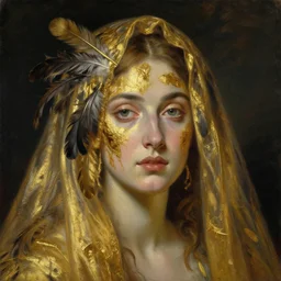 portrait of a woman's face made of feathers and veiled in gold, by jacques - louis david, by greg rutkowski, by zdzisław beksinski, by josep tapiro baro, trending on artstation, featured on pixiv, masterpiece, oil on canvas, cinematic composition, dynamic beautiful lighting,
