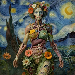 beautiful and detailed rotten woman made of plants and many different types of flowers, muscles, intricate, organs, ornate, surreal, john constable, guy denning, dan hillier, manera, van gogh, caravaggio