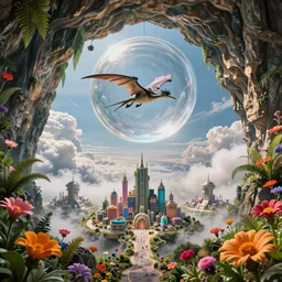 an ultra - realistic massive volume cave : 5, ; bright coloured natural flowers and ferns : 1 ; miniature tiny futuristic city : 3 ; endless plain with mysterious clouds : 2, highly symmetrical, a pterodactyl flying in a huge perfect glass sphere, octane render hd, 4 k, ultra - realistic, in unreal engine, trending on artstation, concept art