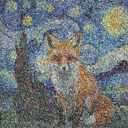 a centred zoomed out painting of a fox in the style of Starry Night, highly detailed