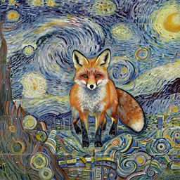 a centred zoomed out painting of a fox in the style of Starry Night, highly detailed