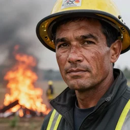 close up face male portrait of a farmer who has just finished fighting a fire on his property