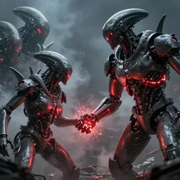 post - apocalyptic, a very strong robot with red enerygies shaking the hand with a mighty alien creature that has multiple eyes. smoke. volumetric lighting, sharp focus, ultra detailed, cgsociety