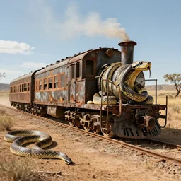 Photo of an old western train made entirely of snakes
