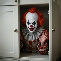 scary clown hiding in bedroom cupboard, highly detailed, 8 k, hdr, smooth, sharp focus, high resolution, award - winning photo