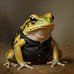 a portrait painting of an anthropomorphic amazon milk frog wearing a black buttoned waistcoat, an american romanticism painting by john trumbull, cgsociety, soft focus