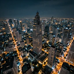sci - fi bangkok cityscape. wide angle night photo. helicopter view. exaggerated detail. volumetric lighting. unreal engine. by masamune shirow. 4 k