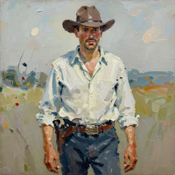 abstracted John Wayne painted in extremely thick, glistening impasto splatter paint, in muted colors, in impressionist styles