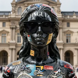 masterpiece extremely beautiful portrait of a black marble statue of a woman covered in colorful motocross branding wearing big chunky black rectangular sunglasses, black marble, carved, symmetrical, beautiful, brancusi, michaelangelo, in the style of virgil abloh, offwhite, heron prestorn, denoise, vogue, paris, fashion, louvre museum, highly detailed, realistic, hyperreal, portrait photography, look book, stylish, stylist, 2 0 2 2, trending