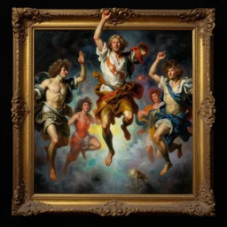 a baroque neoclassicist close - up painting of people jumping out of picture frames. reflective detailed textures. glowing colorful fog, pure black background. highly detailed fantasy science fiction painting by moebius, norman rockwell, frank frazetta, and syd mead. rich colors, high contrast. artstation