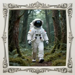 ( ( ( ( an astronaut walking through a mysterious forest, with decorative frame design ) ) ) ) by mœbius!!!!!!!!!!!!!!!!!!!!!!!!!!!, overdetailed art, colorful, artistic record jacket design